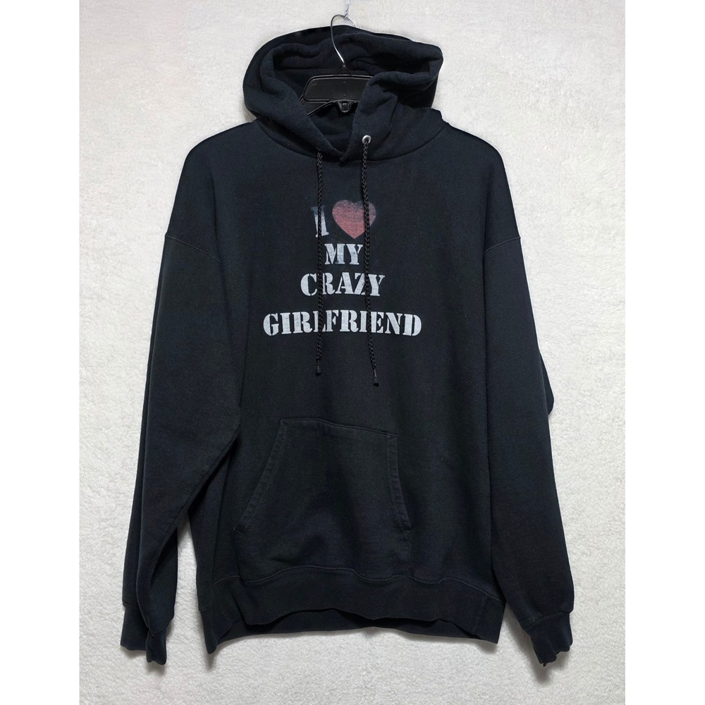 Hanes Ultimate Cotton I Love My Crazy Girlfriend Black Hoodie Men's Medium M